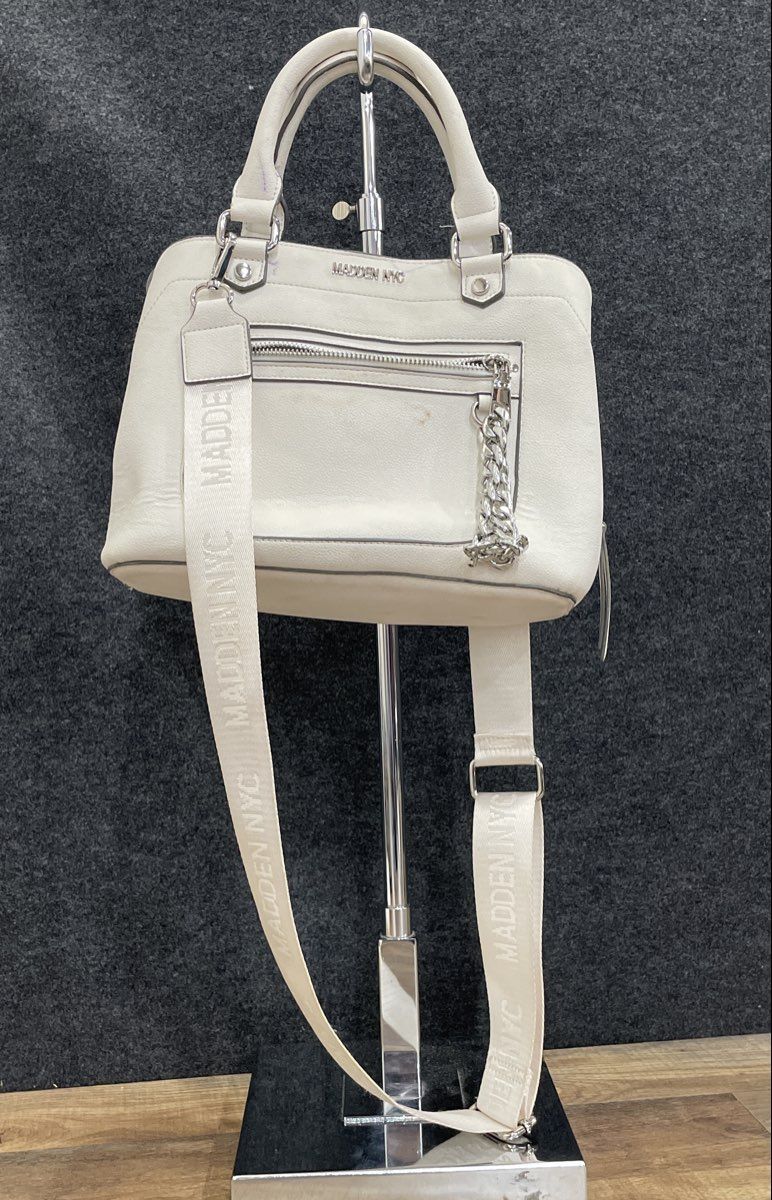 Madden NYC White Pebbled Leather Satchel Crossbody Handbag Silver Hardware