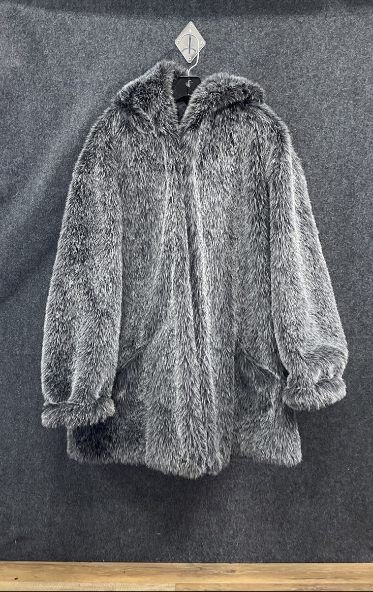 Vintage 90s Olympia Women's Gray Black Hooded Faux Fur Coat Made in USA Sz XL