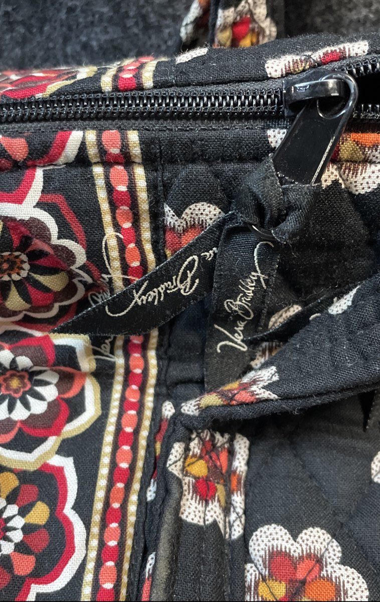 Vera Bradley Black Floral Quilted Cotton Satchel Handbag Red Plaid Lining