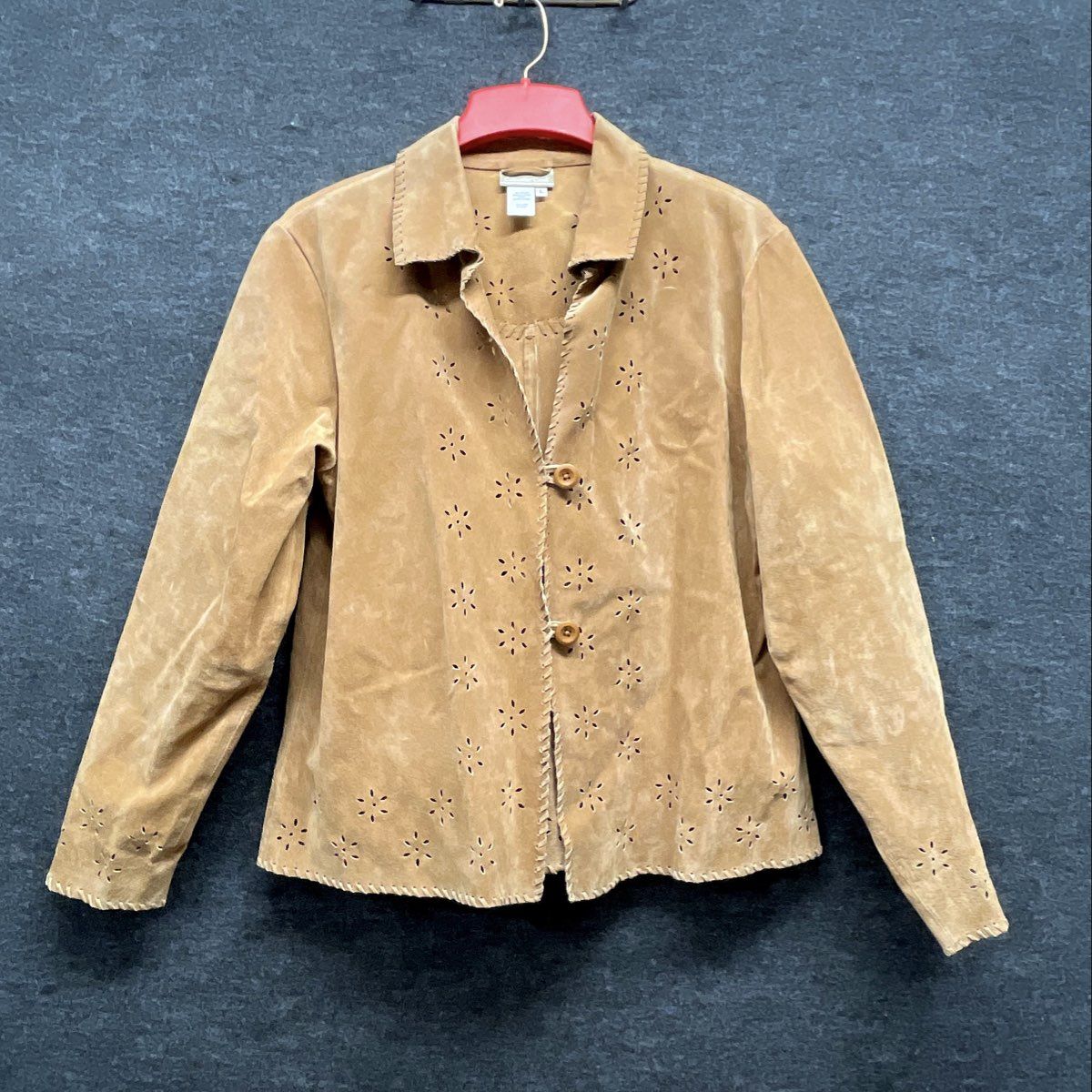 Vintage Coldwater Creek Women's Tan Leather Perforated Floral Jacket Sz L