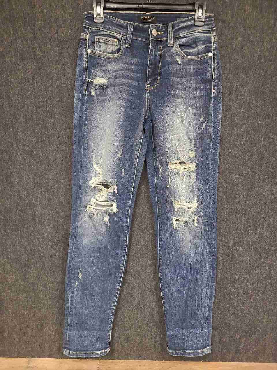 Judy Blue Women's Boyfriend Fit Jeans Blue Distressed Ripped Stretch Sz 3/26