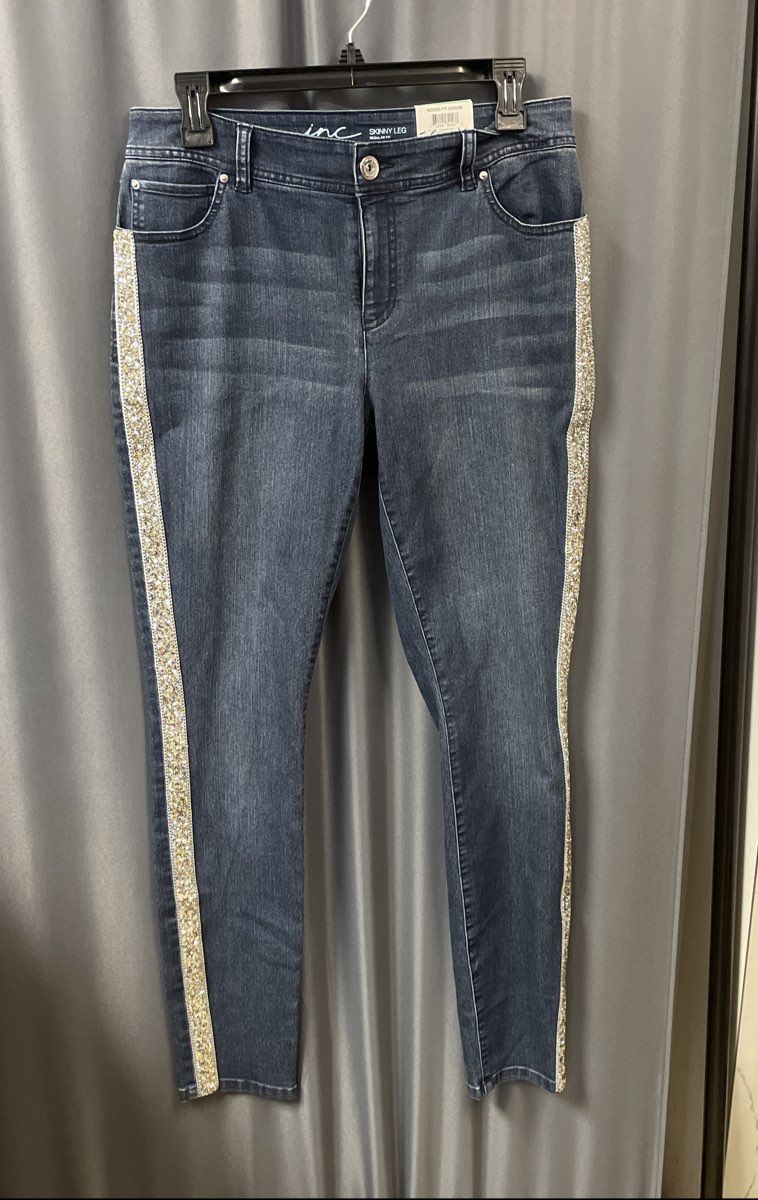 INC Women's Blue Skinny Leg Embellished Side Stripe Mid Rise Jeans Sz 8 NWT