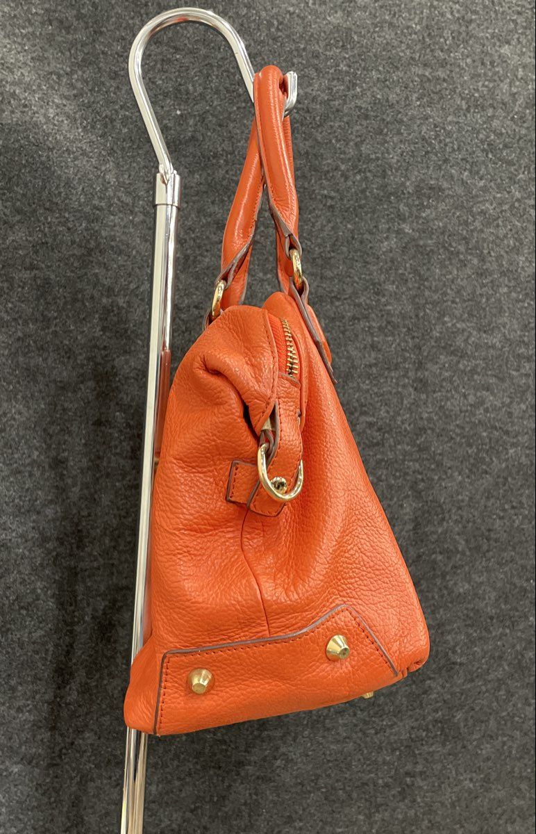 Ora Delphine Orange Pebbled Leather Satchel Handbag Gold Studs