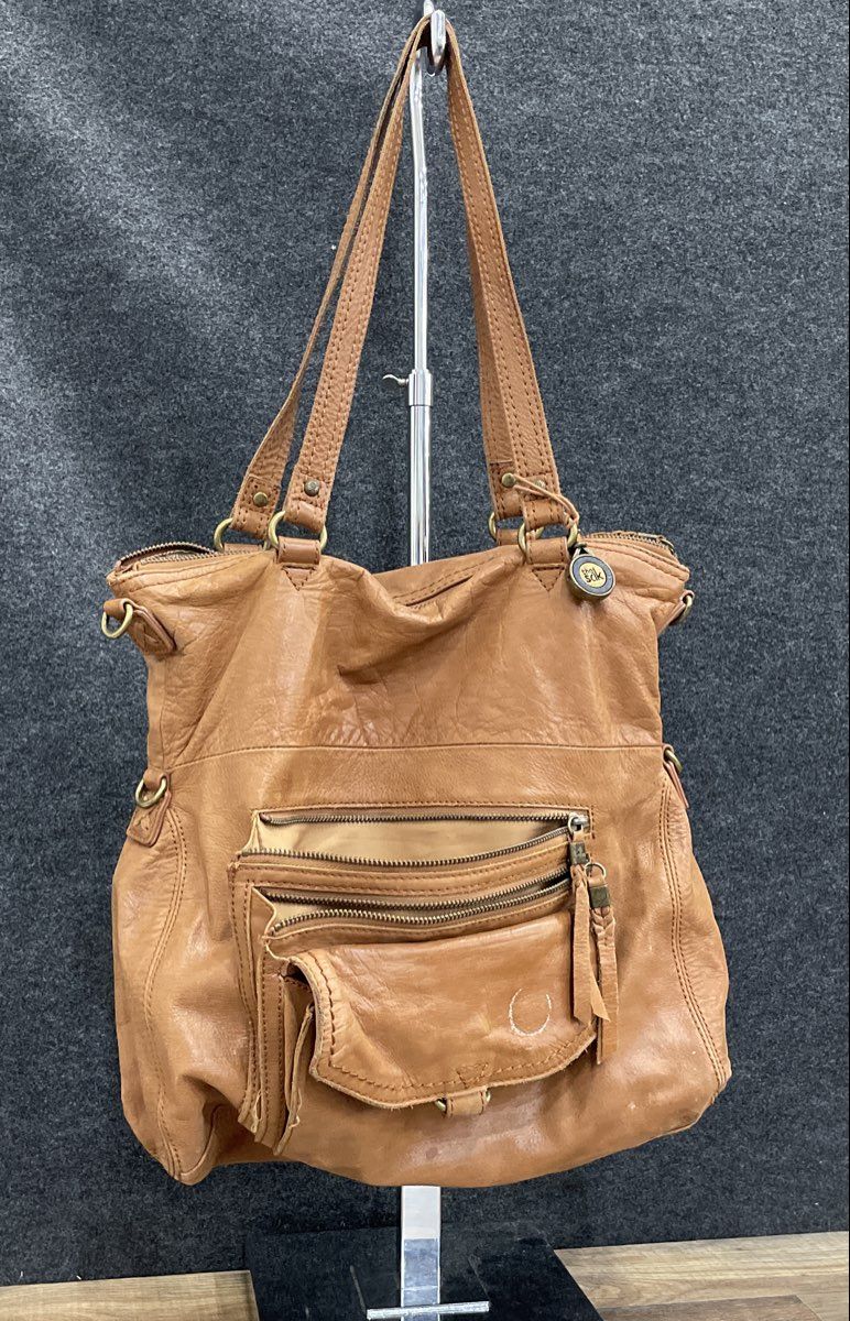 The Sak Brown Leather Multi Pocket Shoulder Bag Tote Antique Brass Hardware