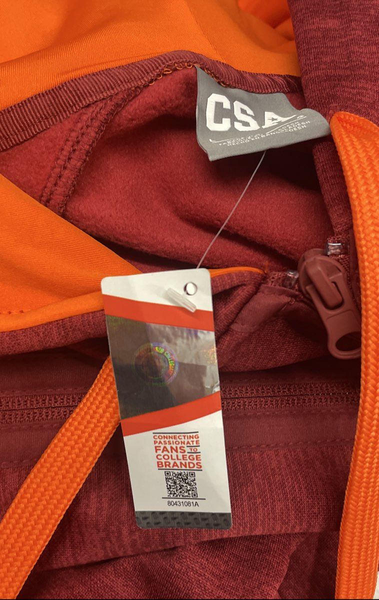 CSA Men's Virginia Tech Hokies Maroon Orange Full Zip Hoodie NWT Size L