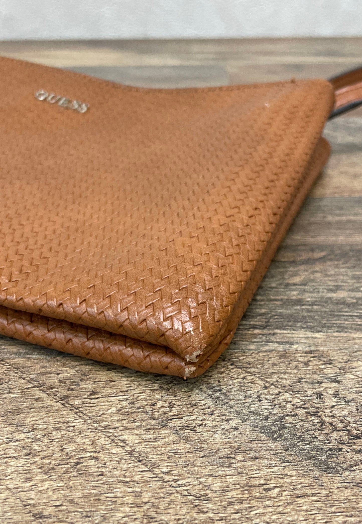Guess Brown Woven Faux Leather Crossbody Bag Gold Tone Hardware