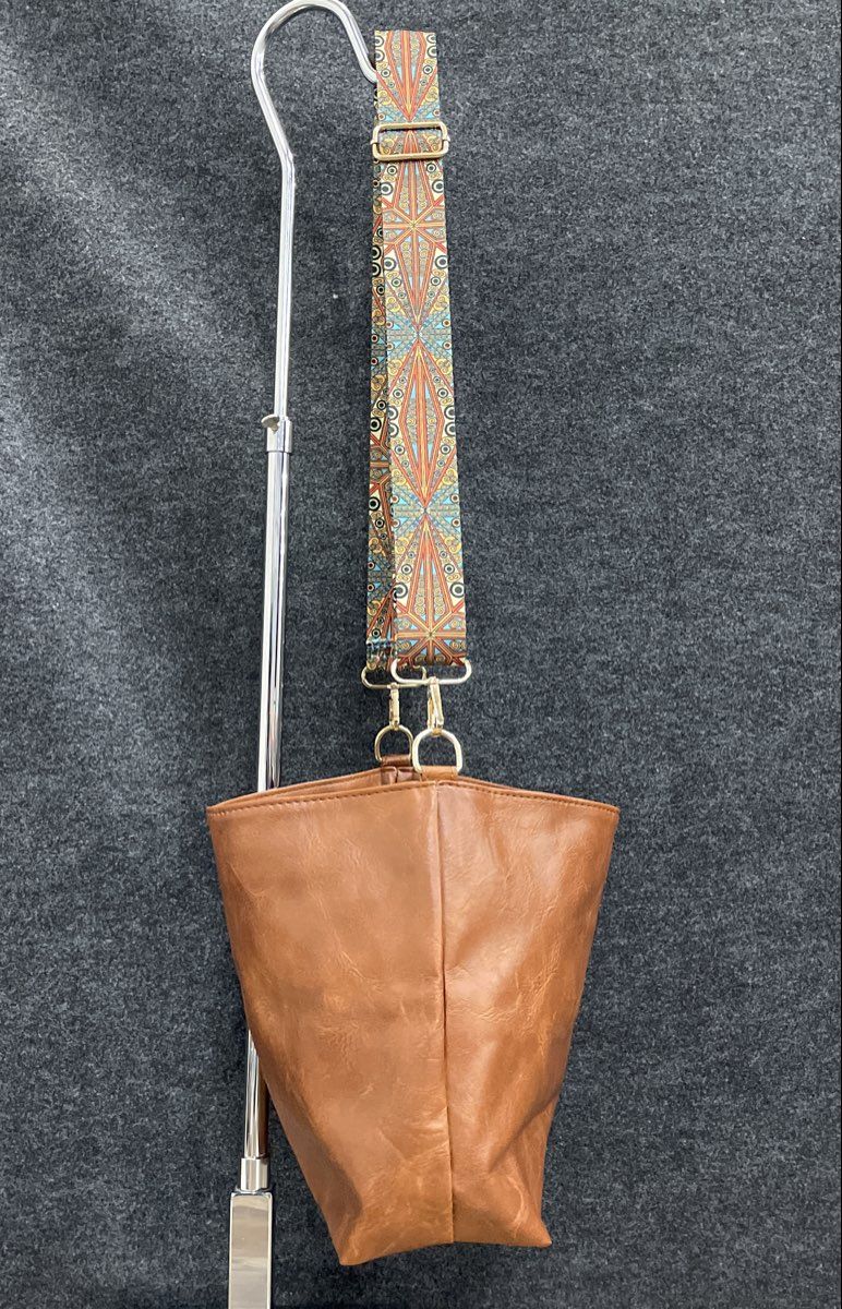 Brown Leather Hobo Shoulder Bag Patterned Guitar Strap Gold Hardware Large