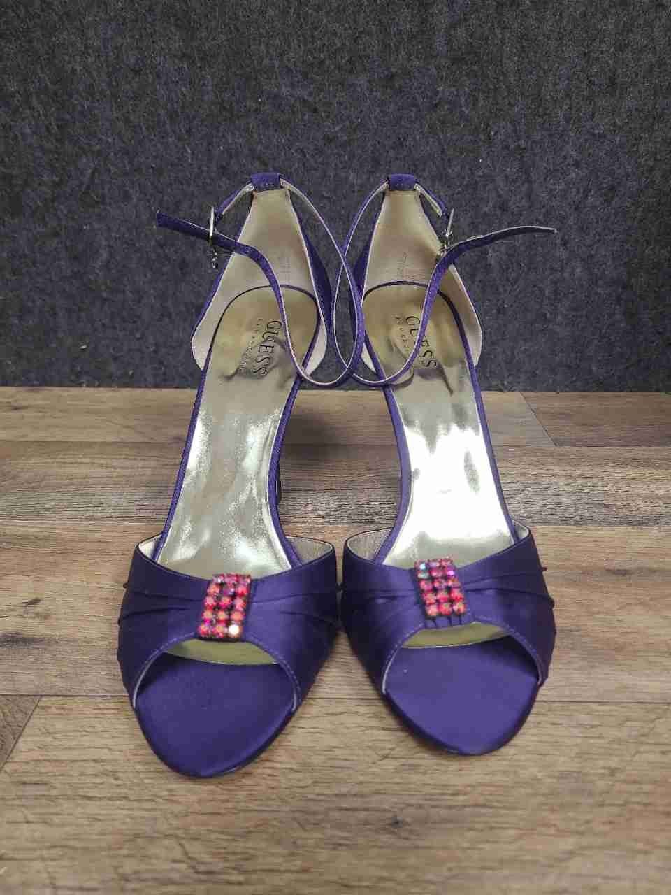 Guess by Marciano GWPAYTON2 Dark Purple Satin Open Toe Heels Size 8.5