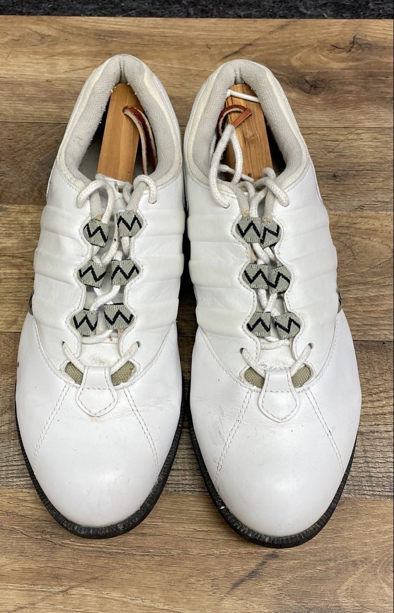 Vintage 1998 Adidas 075312 White Gold Spiked Leather Golf Shoes Men's Size 9.5