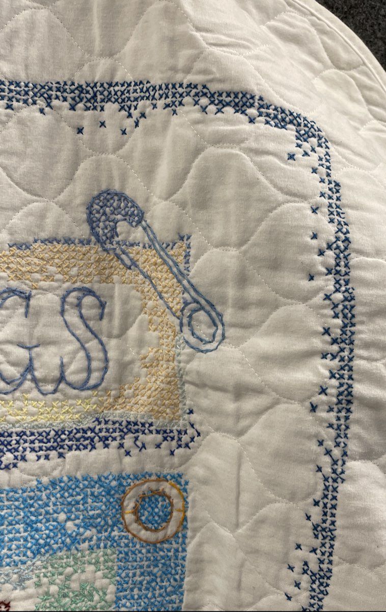 Baby Hugs Cross Stitch Quilted Blanket Teddy Bear Bunny White Vintage Style