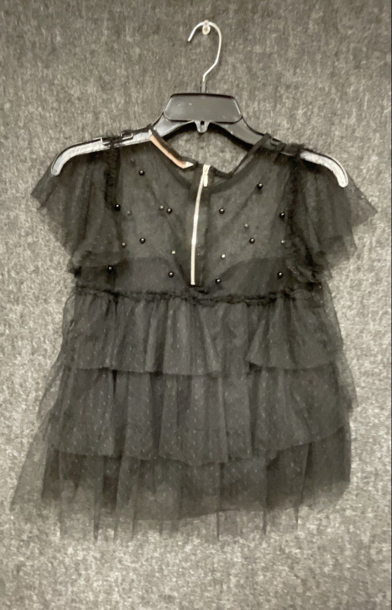 Zara Women's Black Pearl Embellished Tiered Mesh Ruffle Blouse Top Size XS