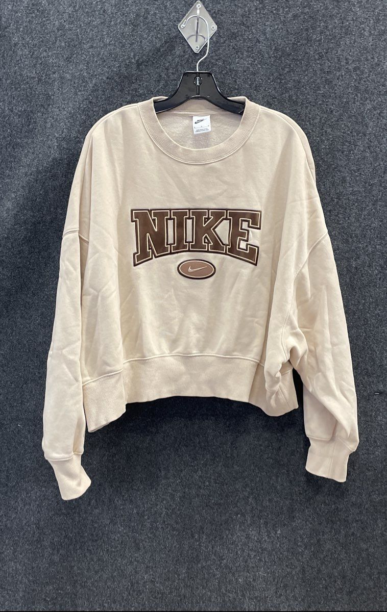 Nike Women's Beige Cropped Sweatshirt Brown Arch Logo Boxy Fleece Size M