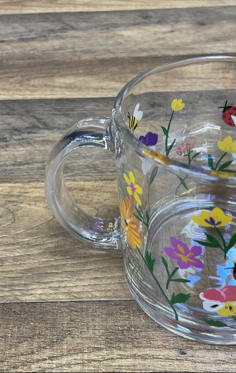 Hand Painted Glass Mug Wildflower Garden Ladybug Bee Floral Clear Coffee Cup