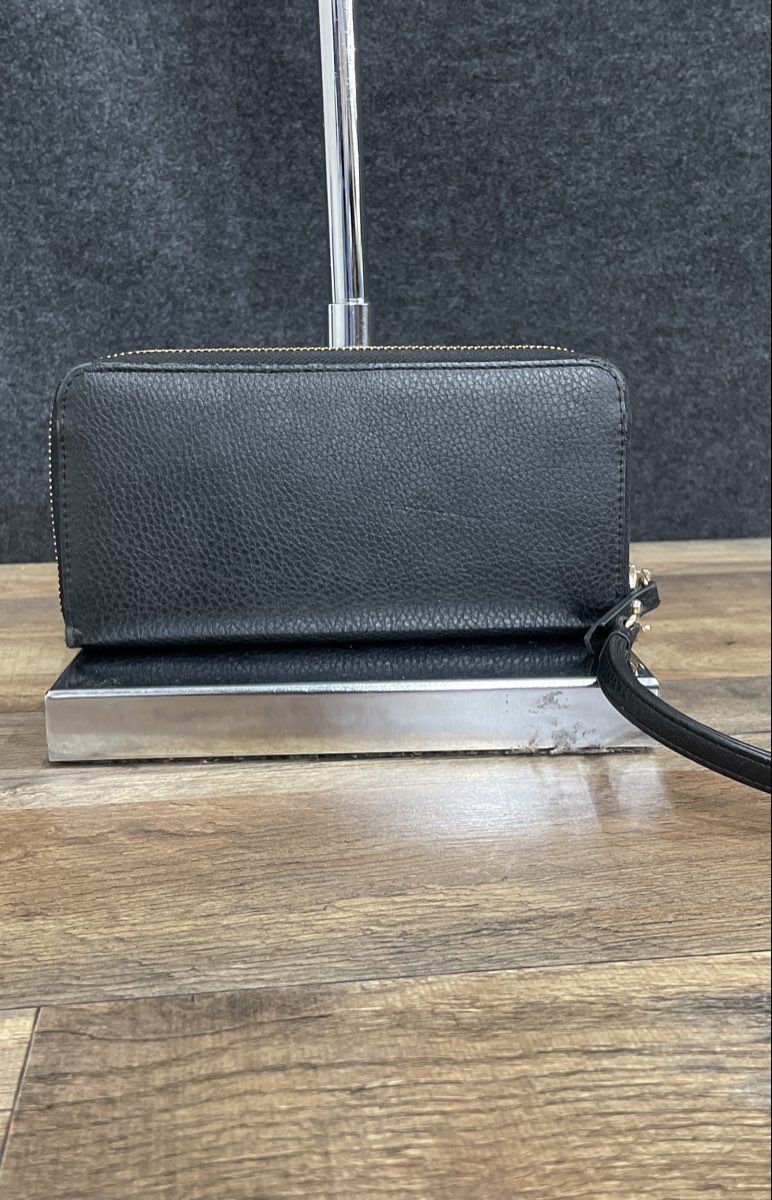 Anne Klein Black Leather Zip Around Wristlet Wallet Gold Tone Bow Accent