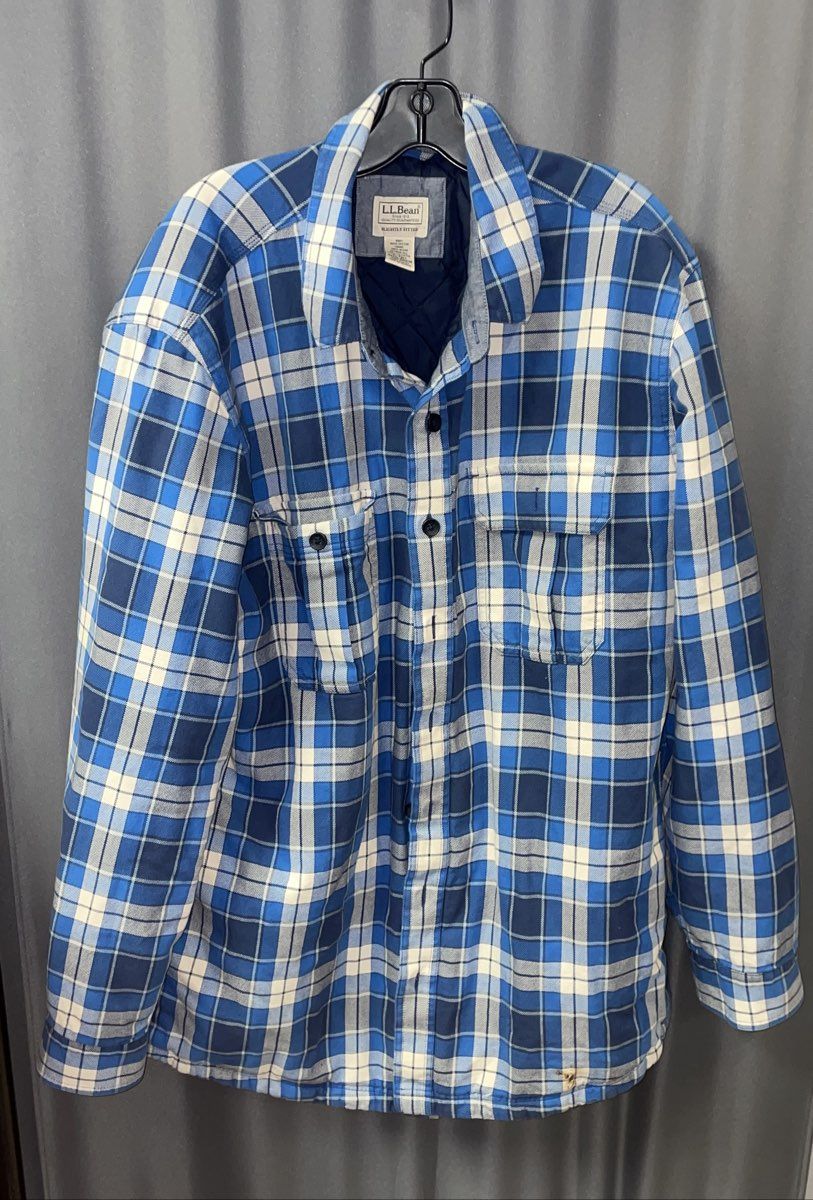 L.L. Bean Men's Blue White Plaid Quilted Lined Flannel Shirt Jacket XL Tall