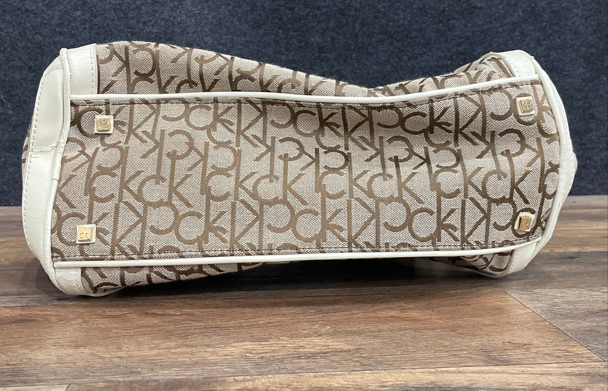Calvin Klein Brown Monogram White Leather Satchel Handbag Gold Hardware