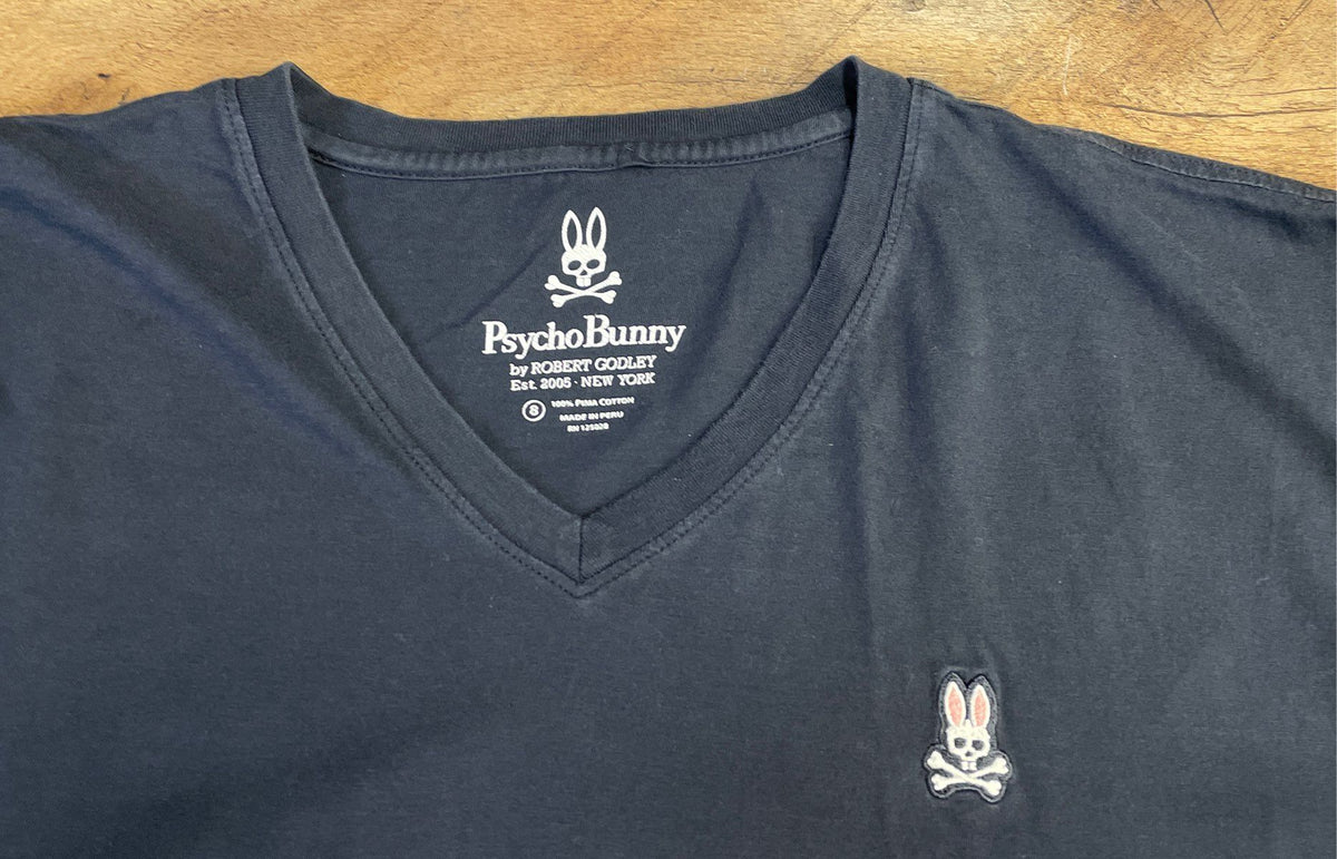 Psycho Bunny Men's Navy Blue V-Neck T-Shirt 100% Pima Cotton Logo Sz 8 XXXL