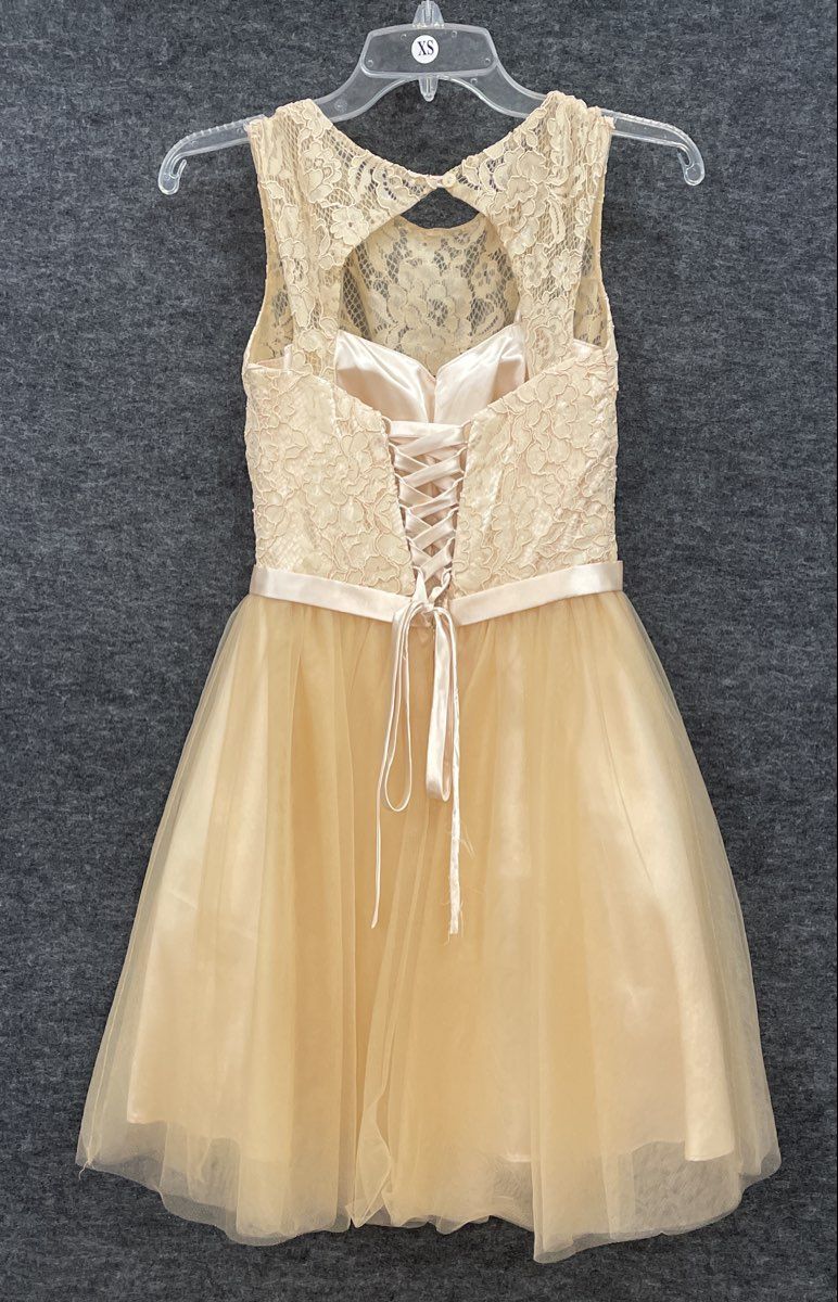 Women's Gold Champagne Lace Tulle Cocktail Prom Dress Lace Up Back Sz XS