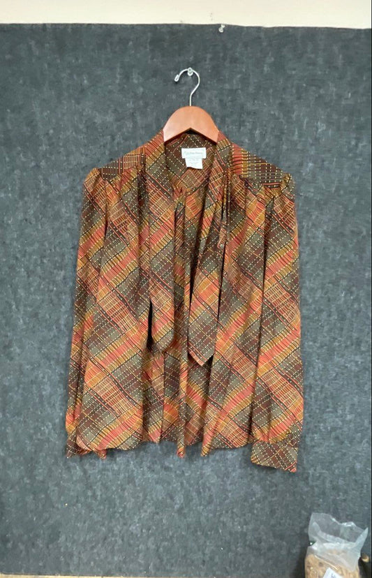 Vintage 70s Evan-Picone Women's Brown Tie Neck Pussy Bow Geometric Blouse Sz 14