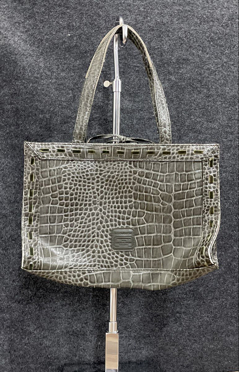 Liz Claiborne Green Croc Embossed Leather Tote Handbag Brass Studded