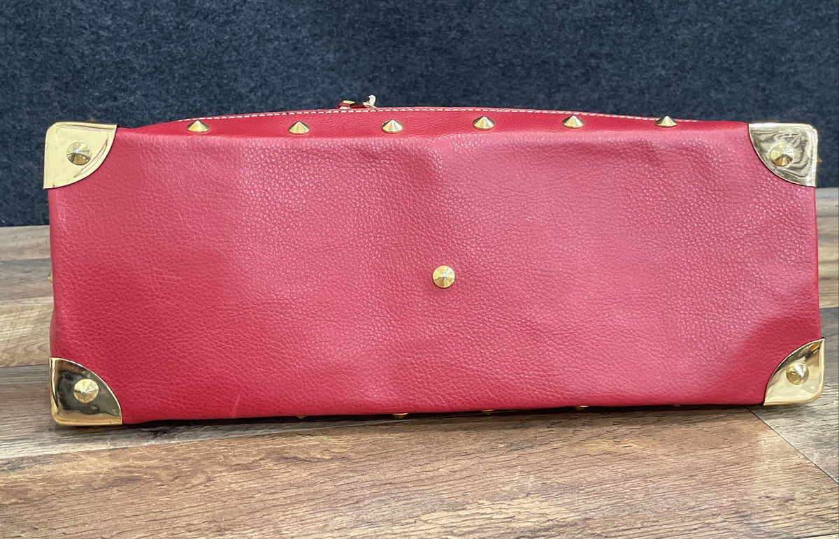 Red Leather Purse Studded Gold Tone Satchel Handbag Tote Vintage Style Bag