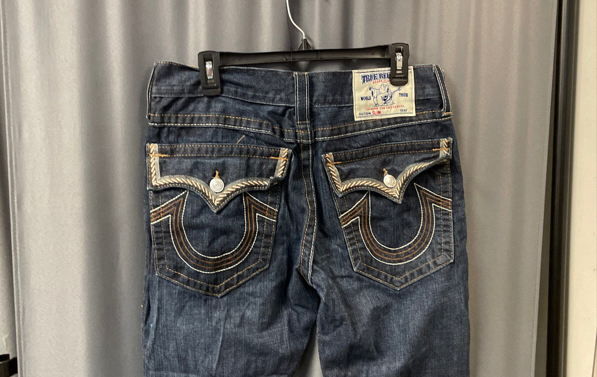 True Religion Men's Blue Slim Fit Embroidered Flap Pocket Denim Jeans Sz 38