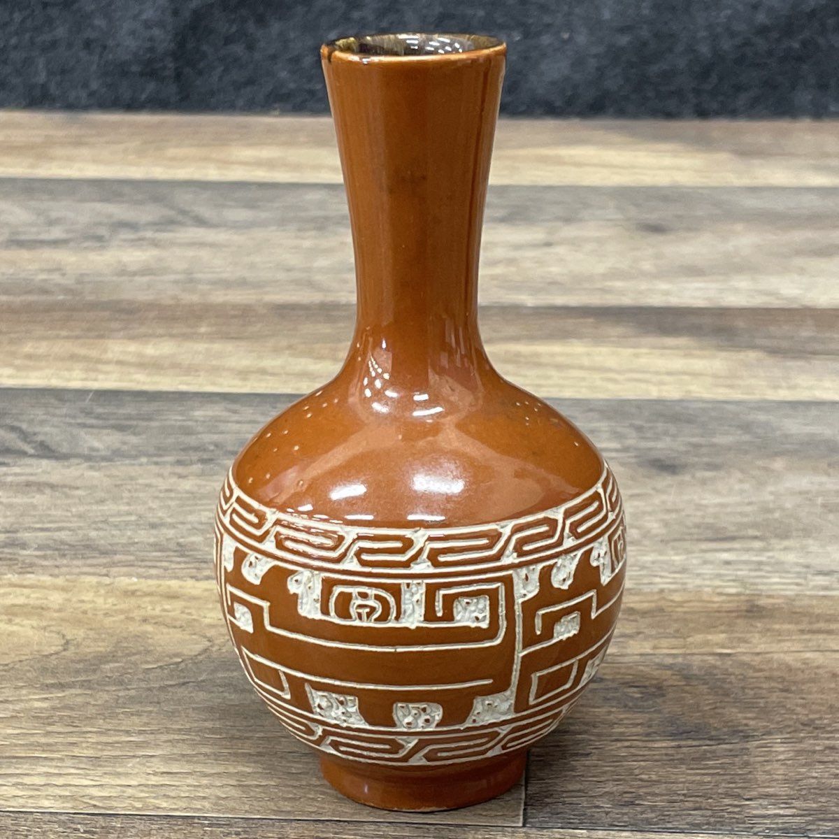 Vintage Pair Hand Carved Sgraffito Pottery Vases Aztec Style Black Brown Set