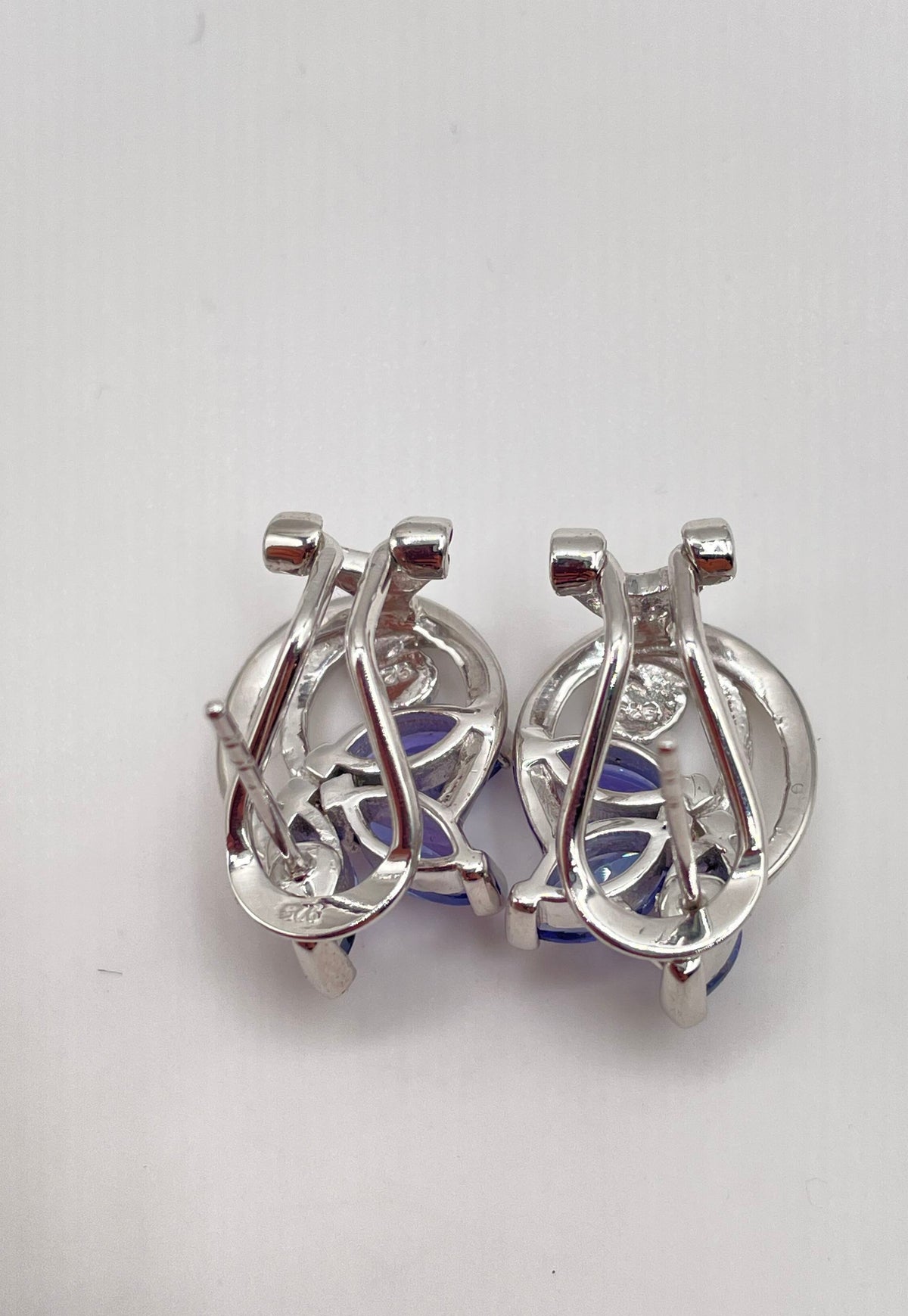 925 Sterling Silver Iolite Floral Omega Back Earrings 5.5g
