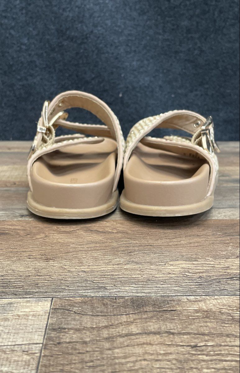 Steve Madden Tan Woven Raffia Double Buckle Studded Slides Women's Size 10M