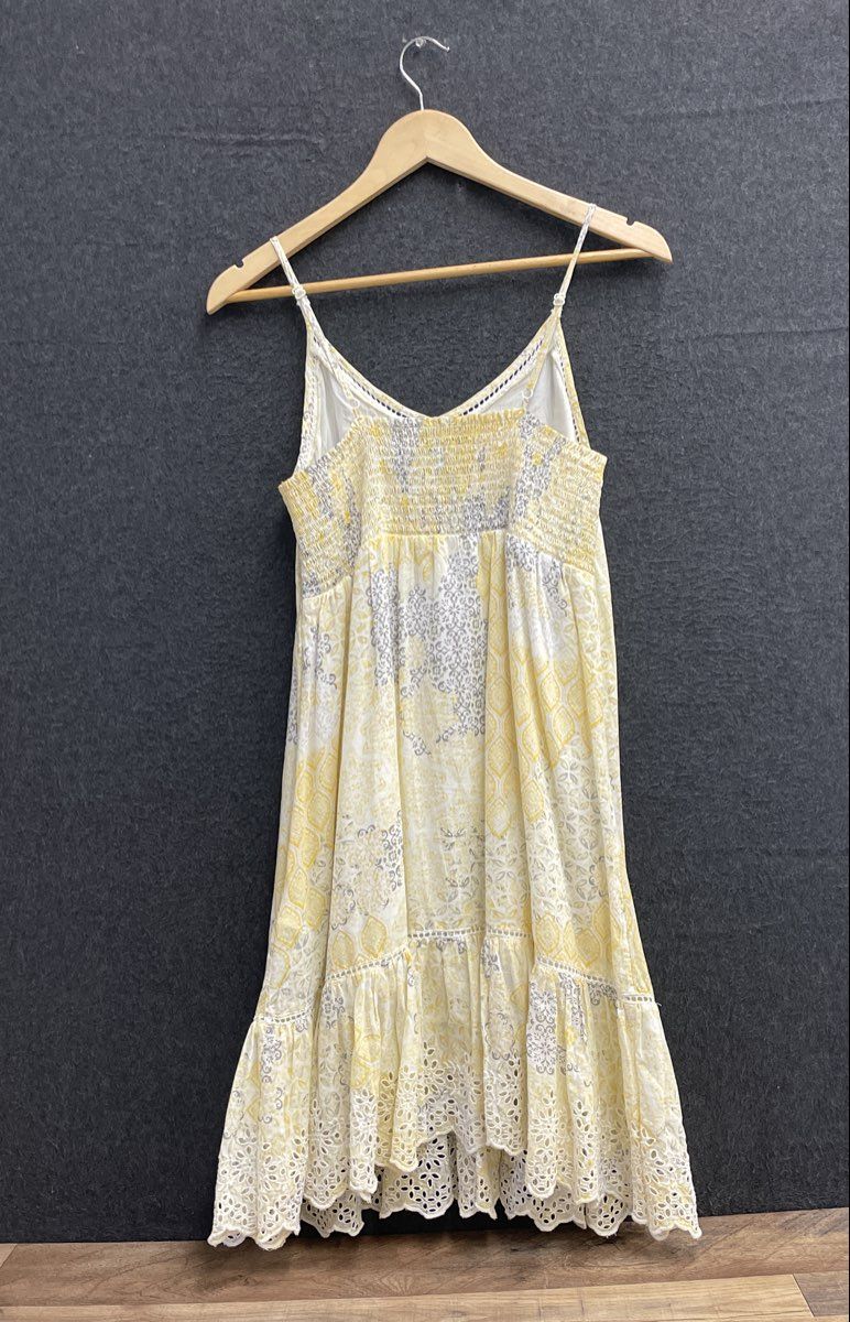 Rachel Zoe Women's Yellow Gray Eyelet Tiered Floral V-Neck Midi Dress Sz S