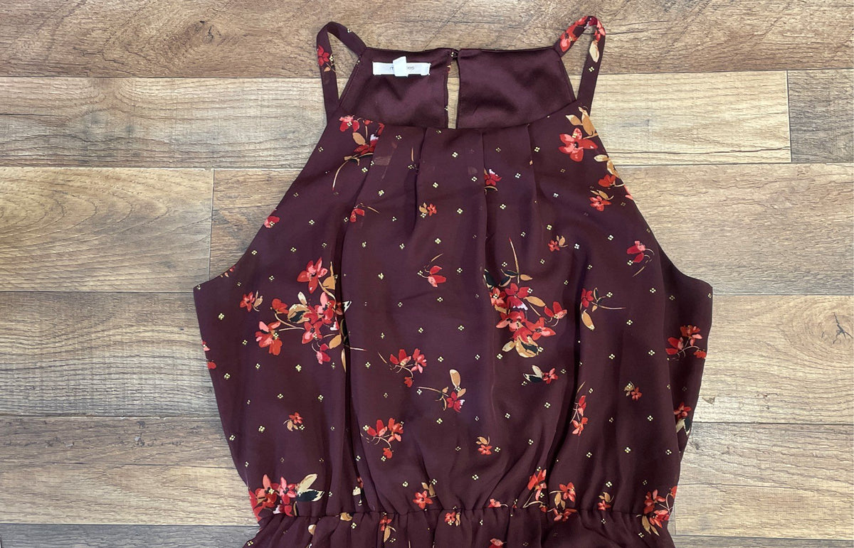 Maurices Women's Floral Sleeveless Dress Burgundy Metallic Dot Pleated Neck Sz S