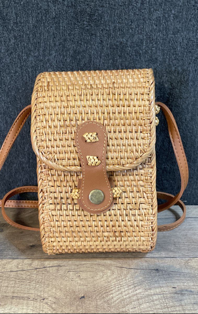 Unbranded Brown Woven Rattan Wicker Box Crossbody Bag Floral Lining