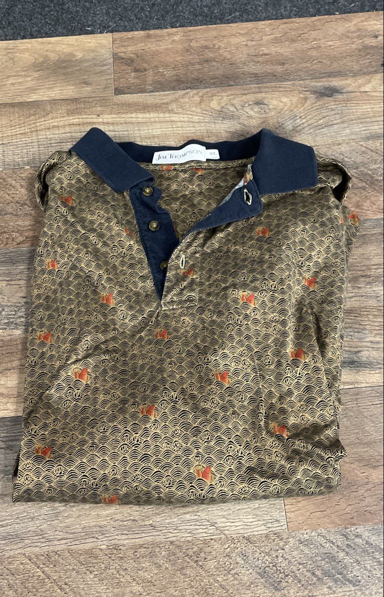 Jim Thompson Men's Wave Koi Fish Print Short Sleeve Cotton Polo Shirt Sz XL