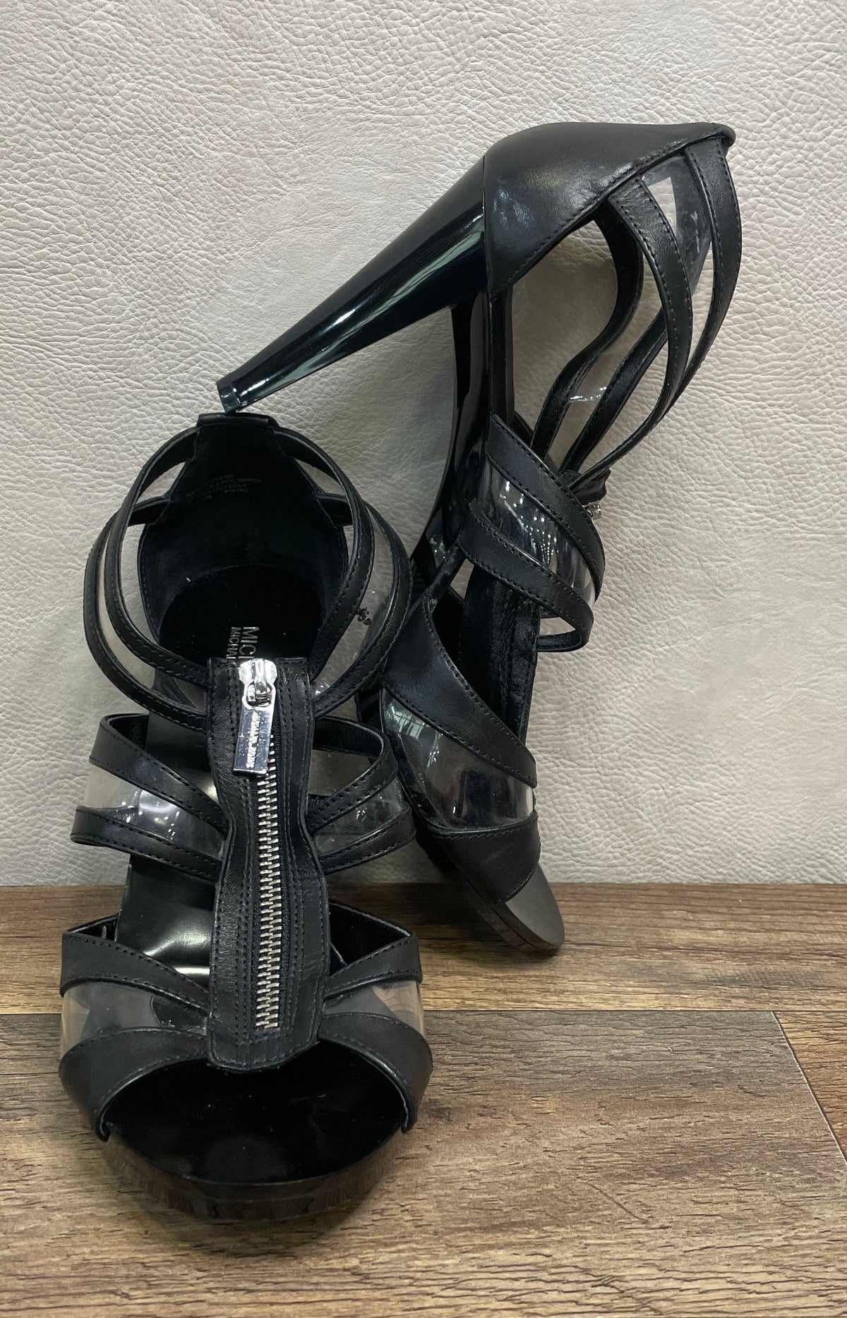 Michael Kors Black Leather PVC Strappy Front Zip Heeled Sandals Size 8.5