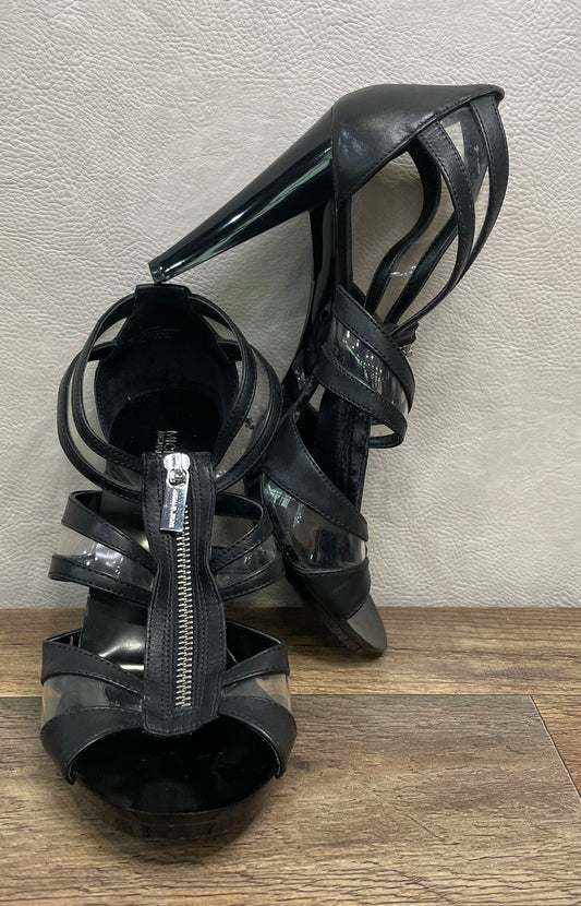 Michael Kors Black Leather PVC Strappy Front Zip Heeled Sandals Size 8.5