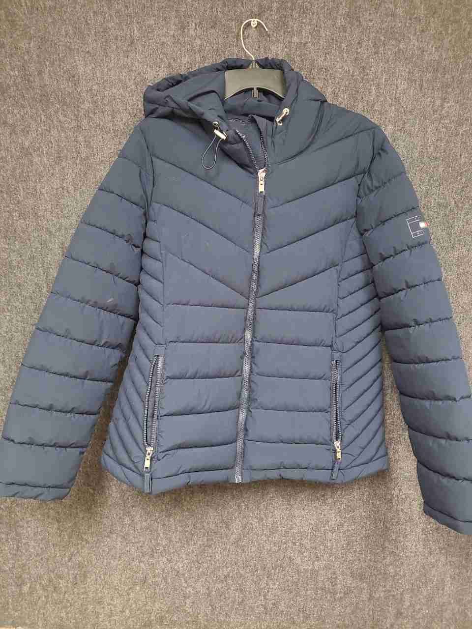 Tommy Hilfiger Women's Navy Blue Chevron Quilted Puffer Jacket Hooded Sz XL