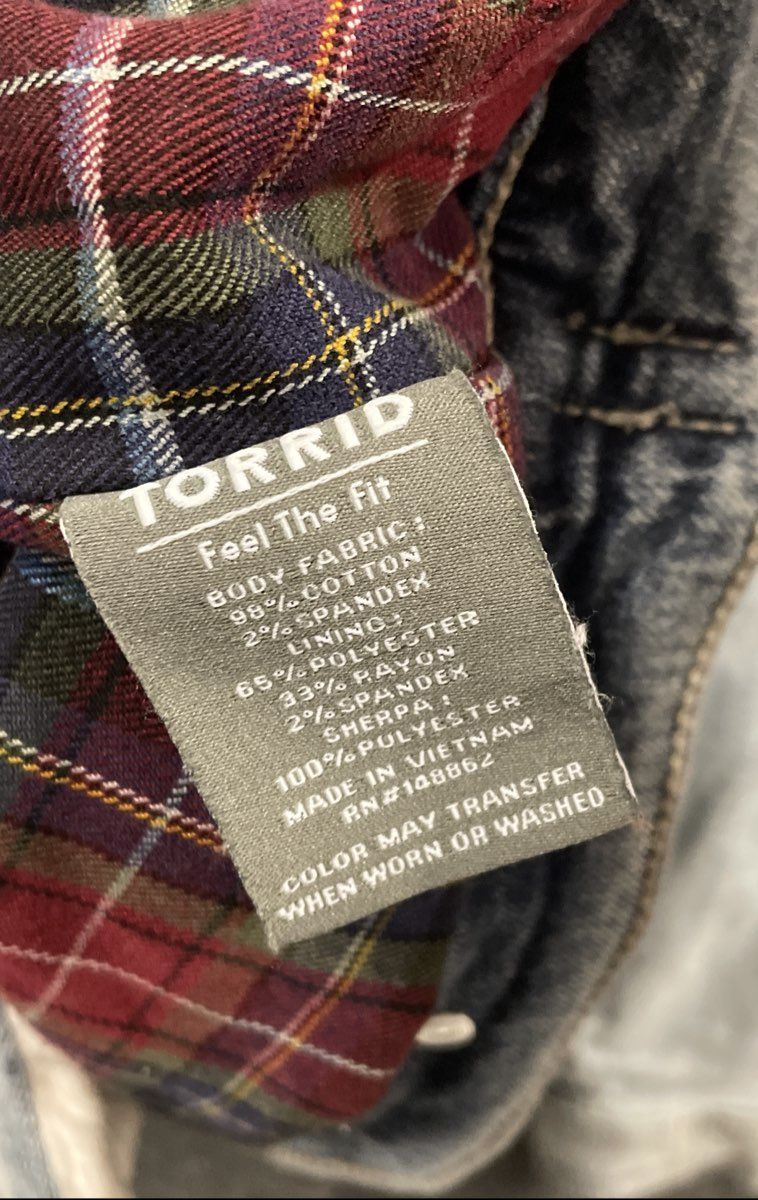 Torrid Women's Light Wash Sherpa Collar Plaid Lined Denim Trucker Jacket Sz 5