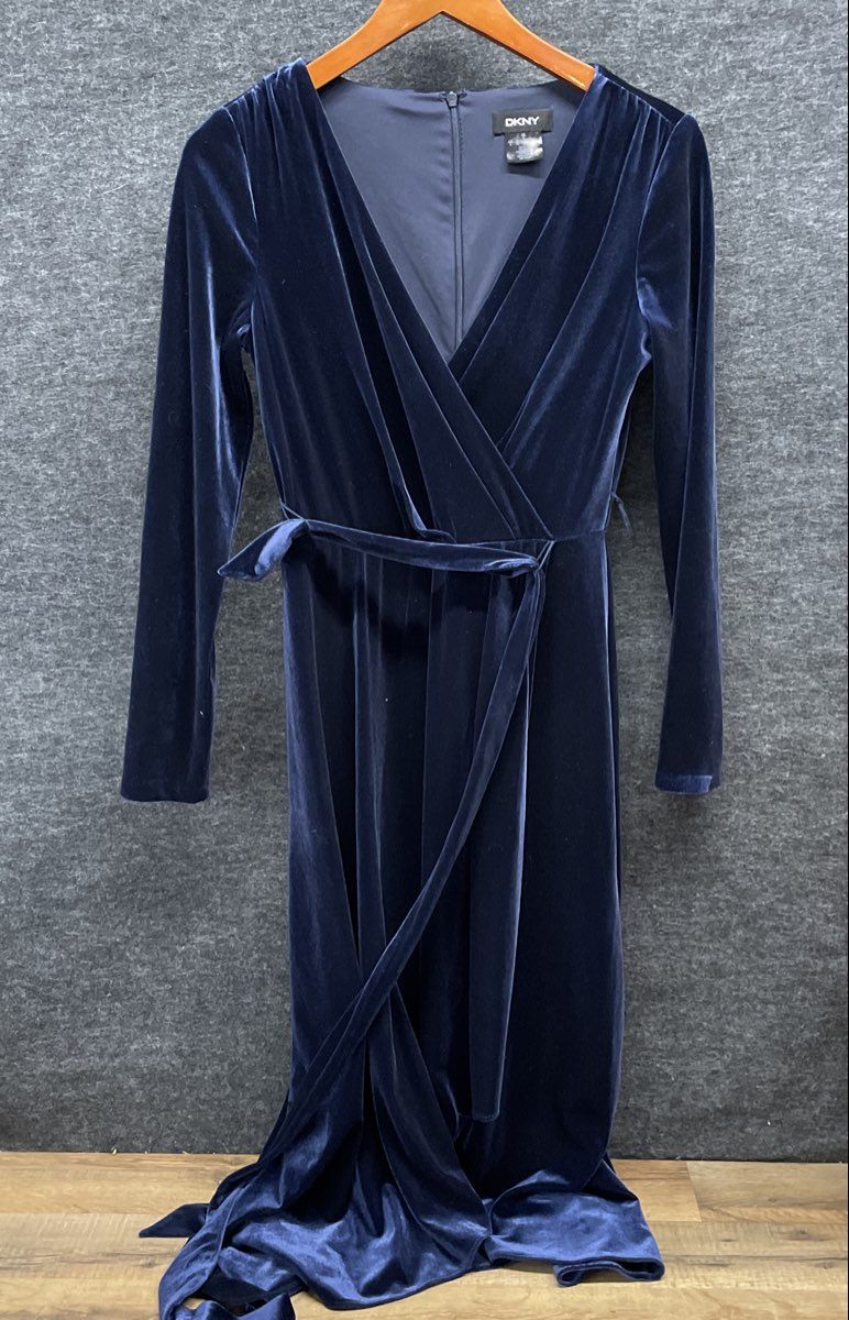 DKNY Women's Navy Blue Velvet Long Sleeve Faux Wrap V-Neck Maxi Dress Sz 2