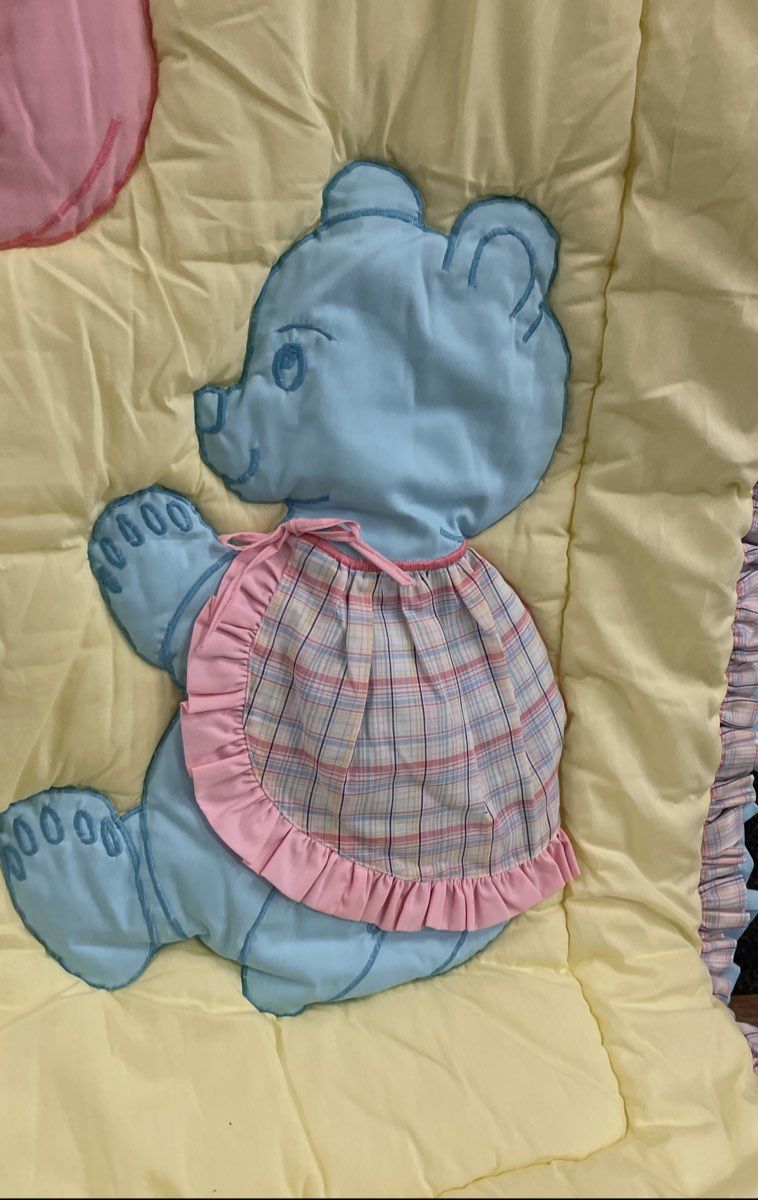 Vintage Baby Blanket Puffy Comforter Teddy Bear Applique Yellow Pink Blue Plaid