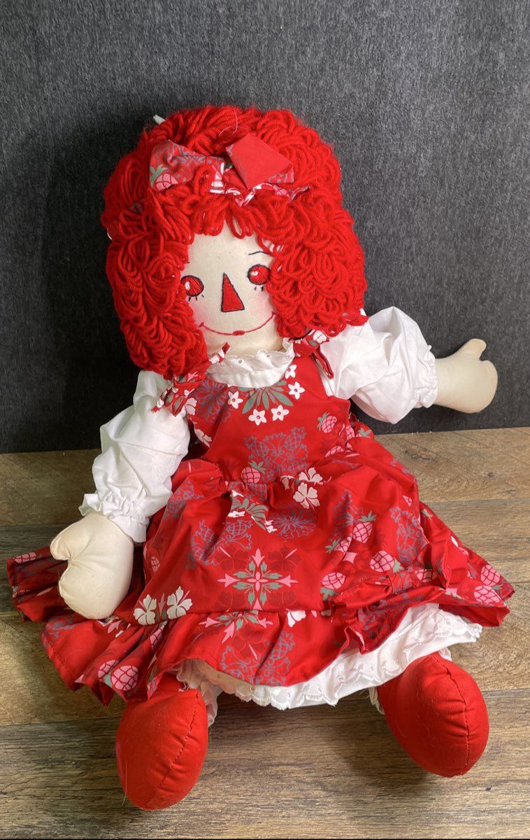 Vintage Handmade Rag Doll Red Yarn Hair Hawaiian Print Dress w/ Bag 1980s