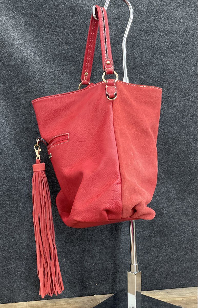 Coco + Carmen Red Leather Tassel Shoulder Bag Hobo Large Gold Hardware