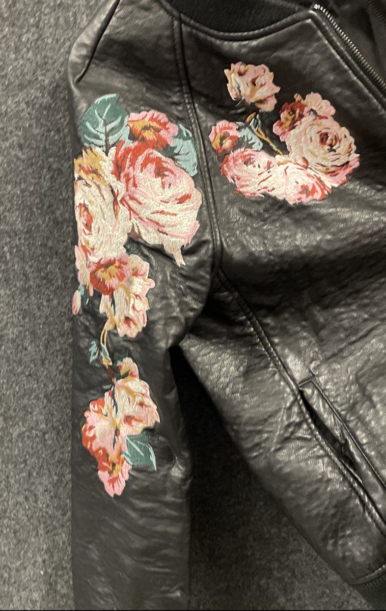 Joe's Women's Black Faux Leather Floral Rose Embroidery Bomber Jacket Sz M