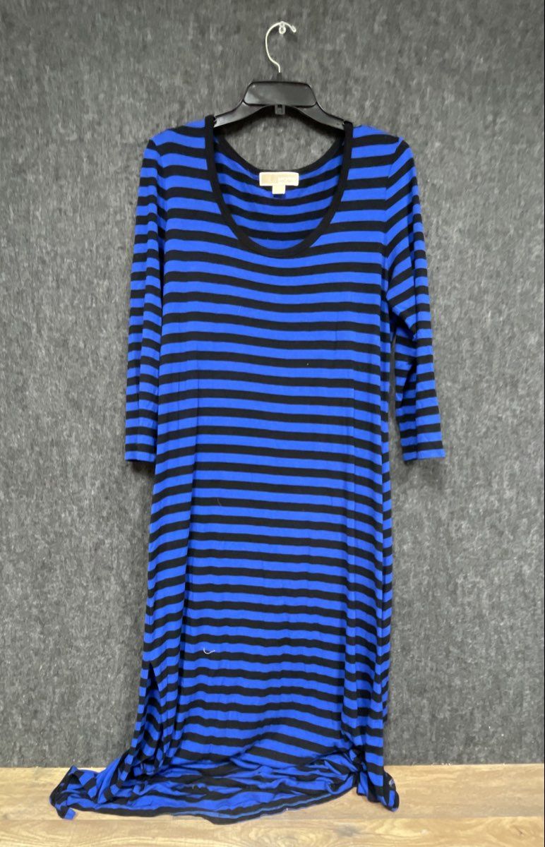 Michael Kors Women's Striped Long Sleeve Scoop Neck Maxi Dress Blue Black Sz L
