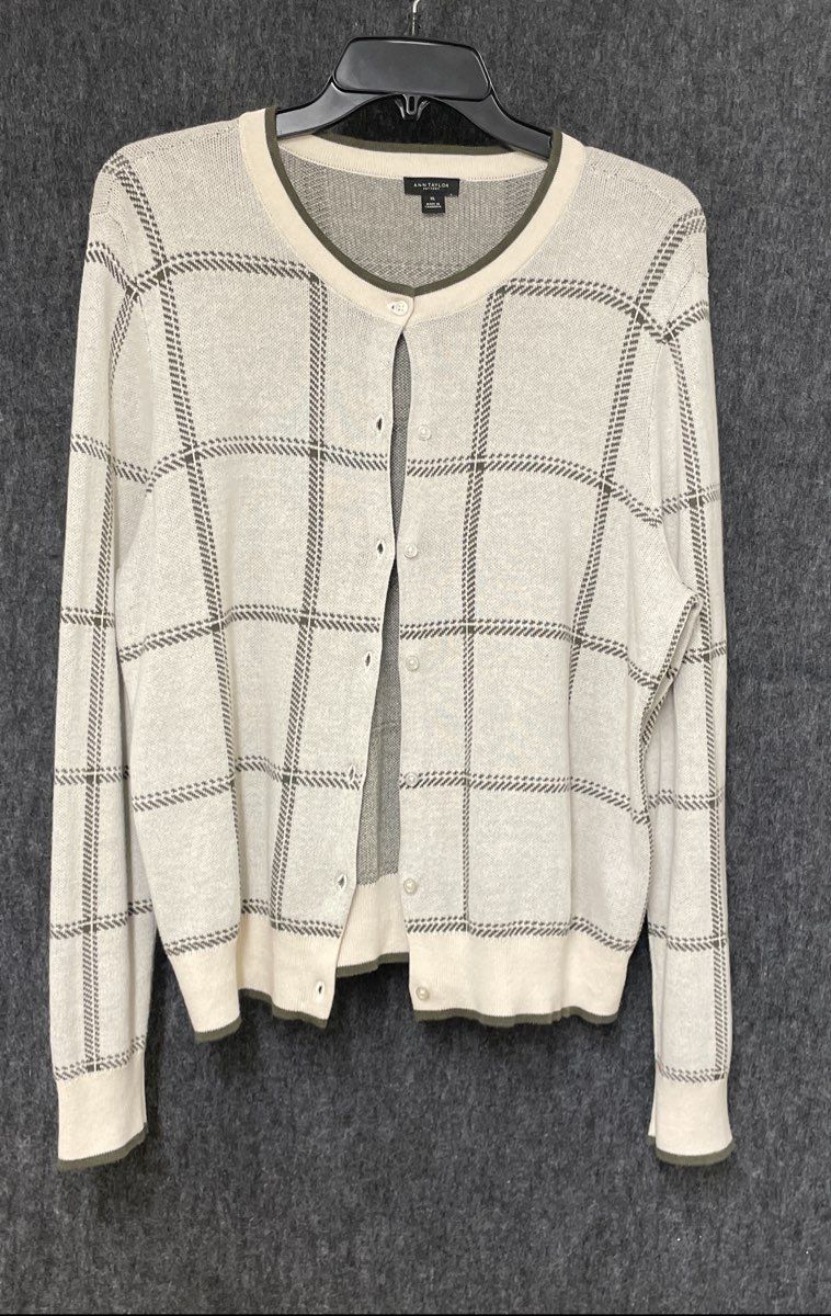 Ann Taylor Women's Cream Dark Green Windowpane Plaid Button Cardigan Sz XL