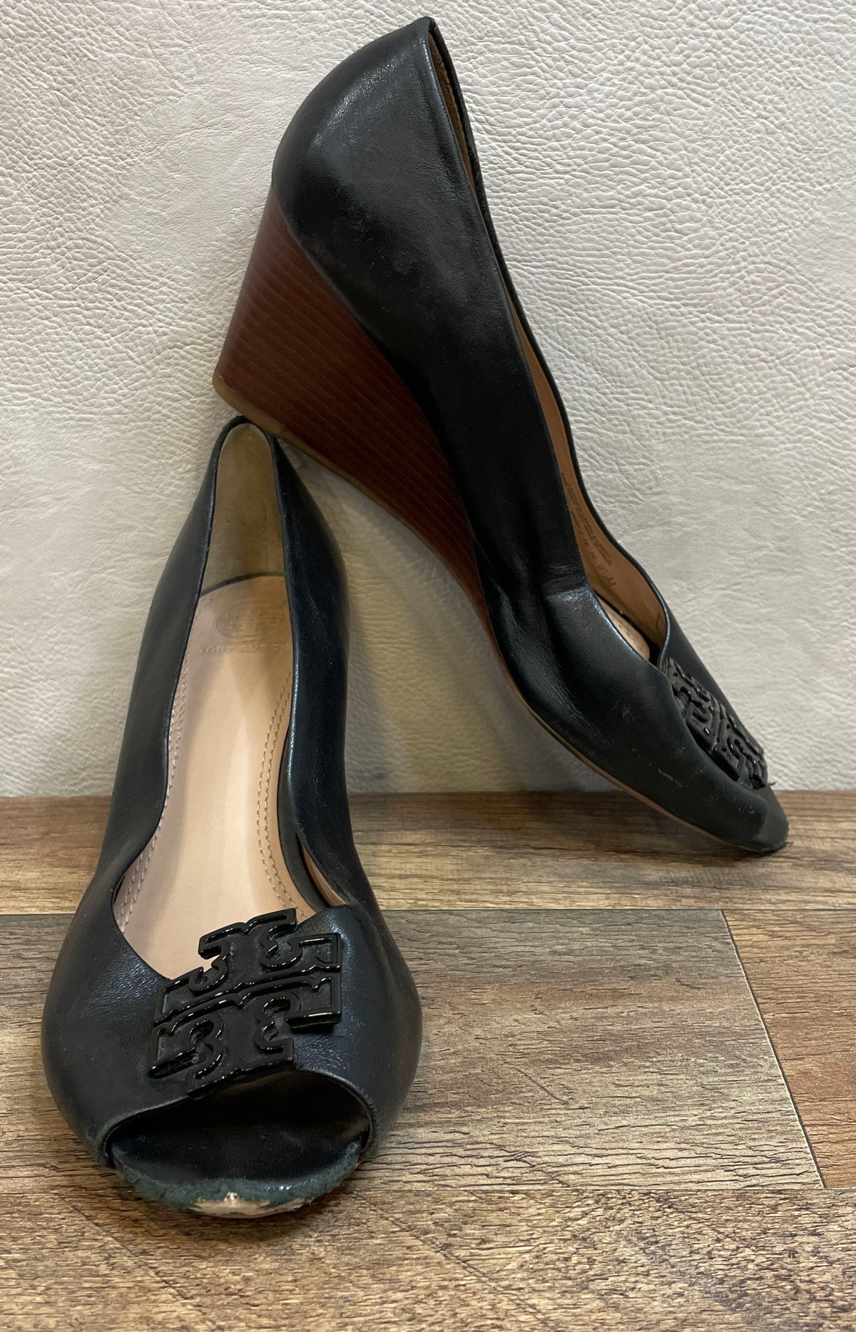 Tory Burch Black Leather Peep Toe Wedge Heels Women's Size 9.5 M