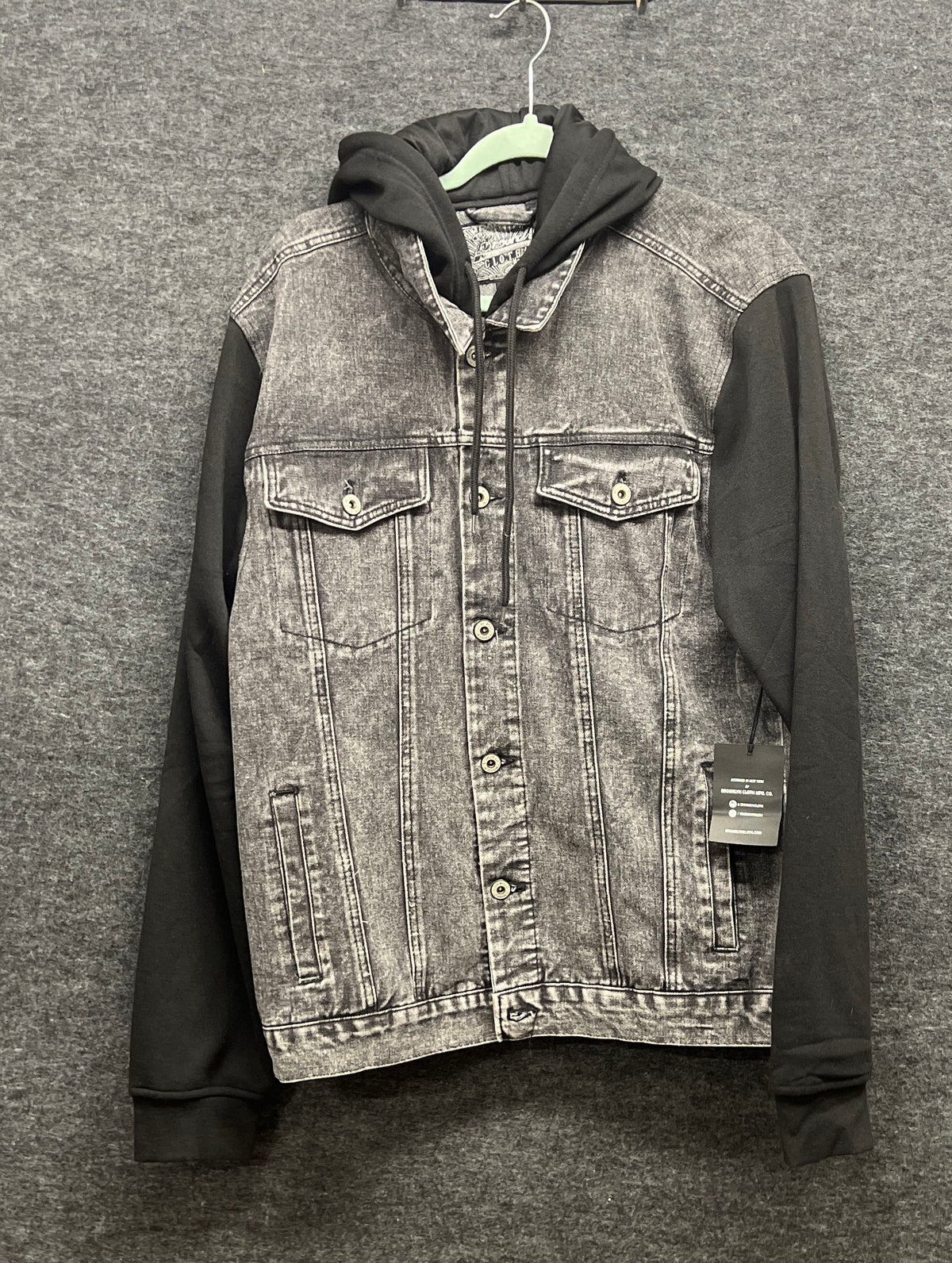 Brooklyn Cloth Men's Grey Acid Wash Hooded Denim Jacket Black Sleeves Sz XL NWT