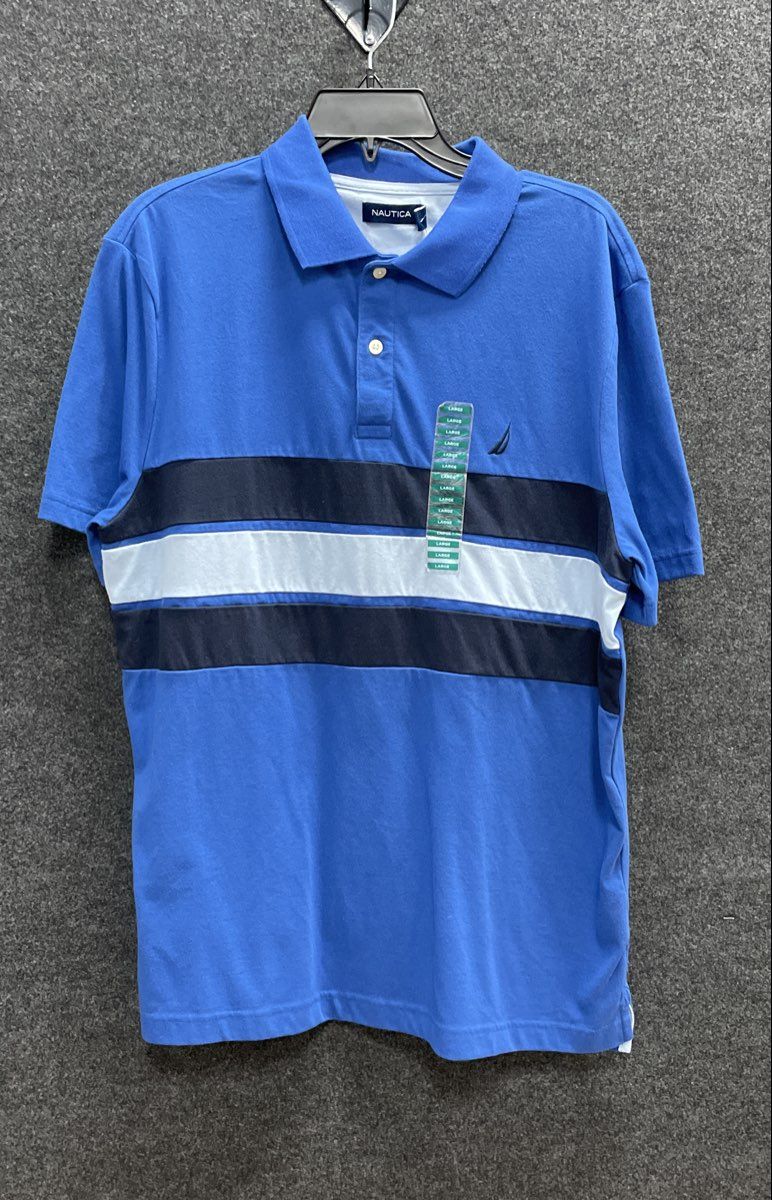 Nautica Men's Blue Striped Short Sleeve Cotton Blend Polo Shirt Sz L
