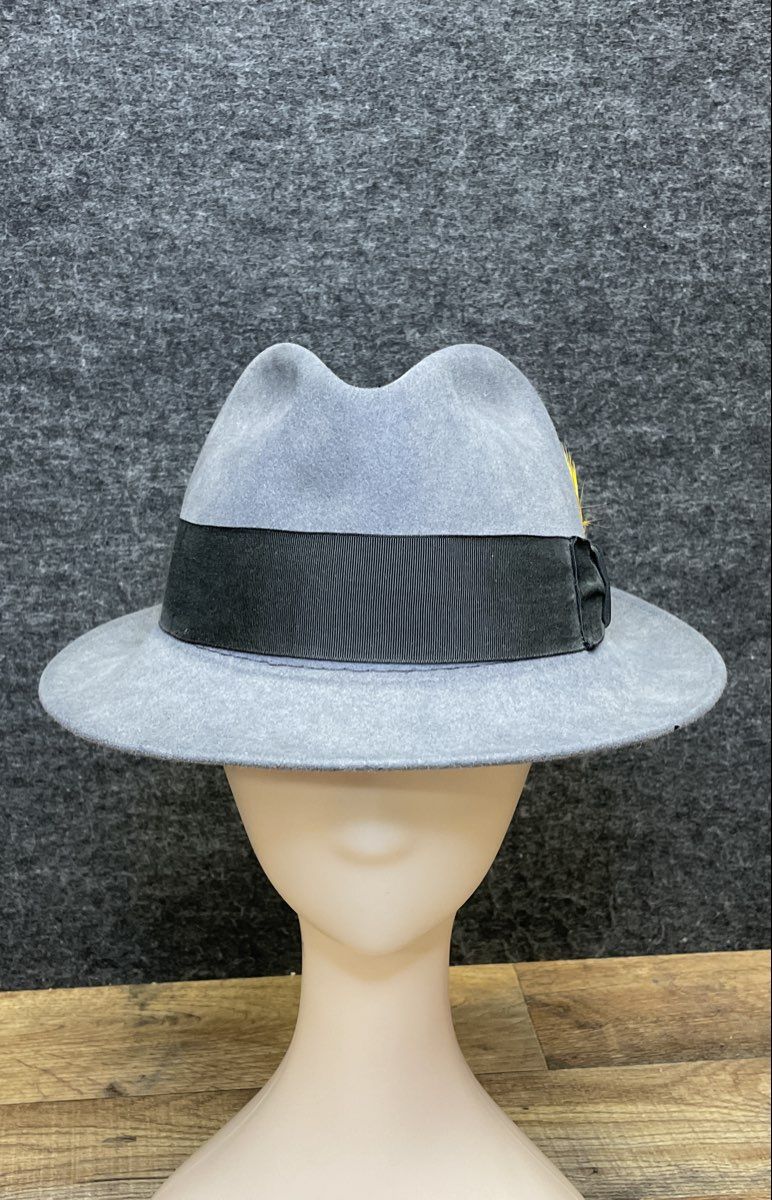 DelMonico Hatter Men's Gray Wool Felt Fedora Hat Feather Accent Sz 7 1/8