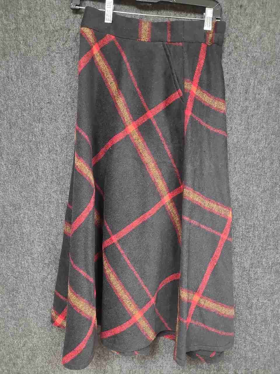 Tanming Women's Black Red Plaid Wool Blend A-Line Midi Skirt NWT Sz M