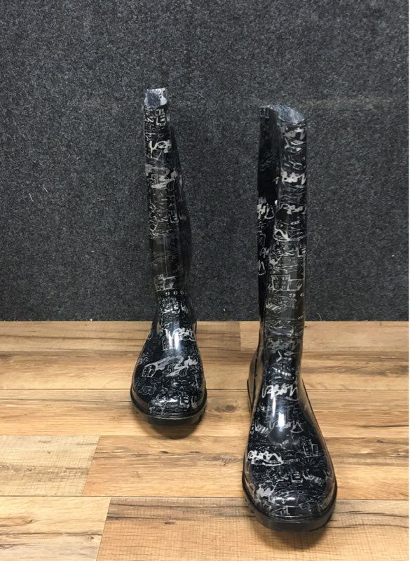 Nicole Miller Rena Black White Graffiti Print Tall Rain Boots Women's Size 11